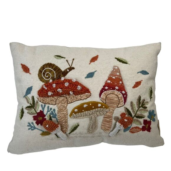 World Market Mushroom Snail Embroidered Throw Pillow Flower Floral 14x20 Inch